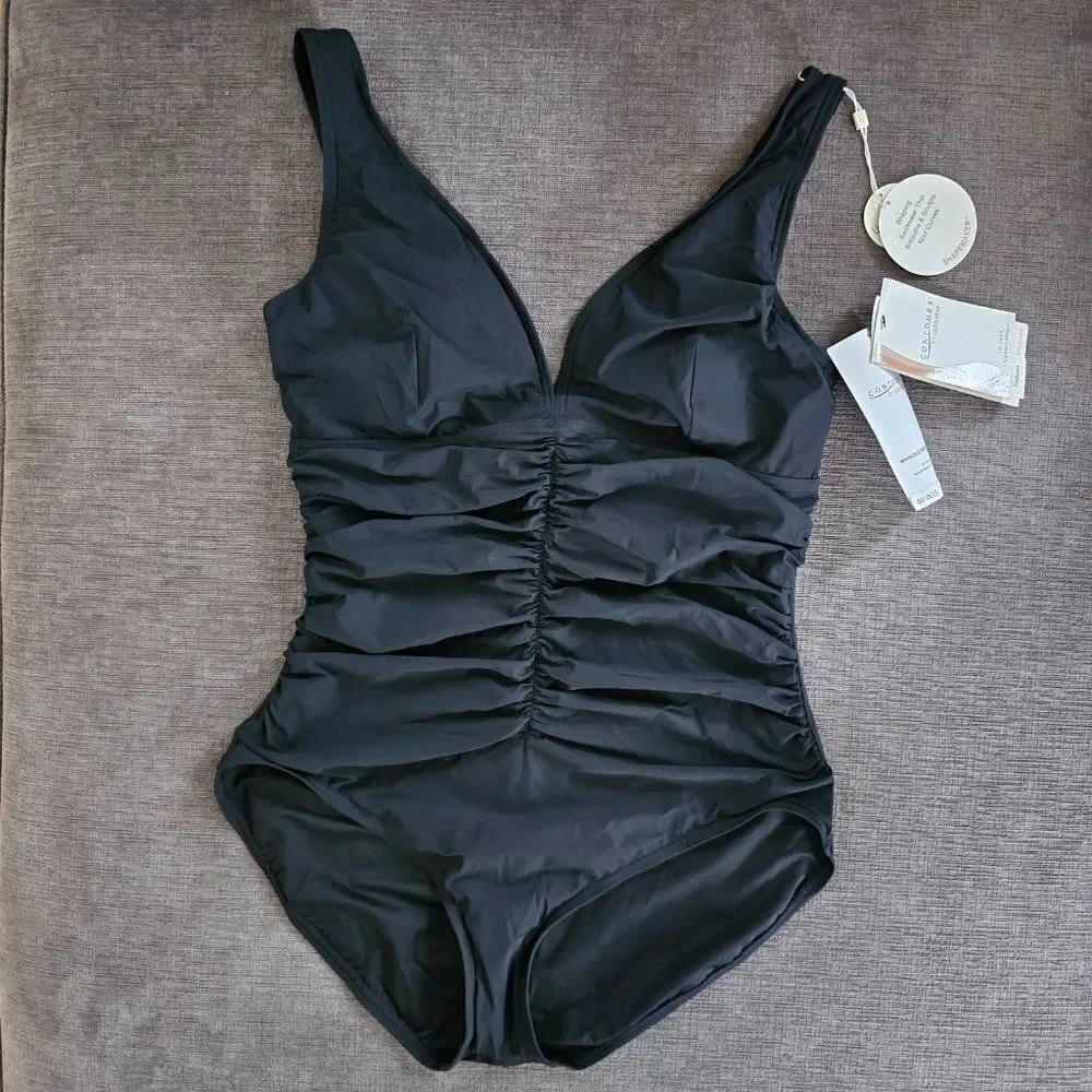 Contours Women's Black V-Neck Bra Sized Underwire 1-Piece Swimsuit Size 16 - Picture 4 of 14